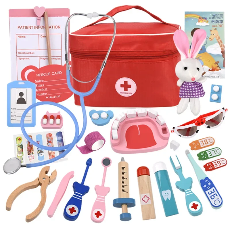 Kids Toys Doctor Set - ドクターおもちゃ子供用セットキッズ木製ごっこ遊びキットゲーム女の子男の子用レッド医療歯科医薬箱布バッグギフト