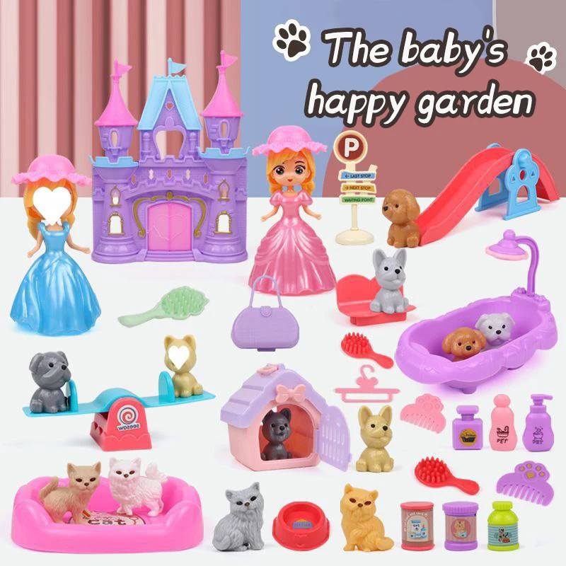 Kids Toys Basket - 犬のぬいぐるみセット 子犬ごっこ遊びおもちゃ 子供用プレイハウスアクセサリー ペットハウスシーンゲームおもちゃ キッズ感覚遊び犬ペットバスケットおもちゃ