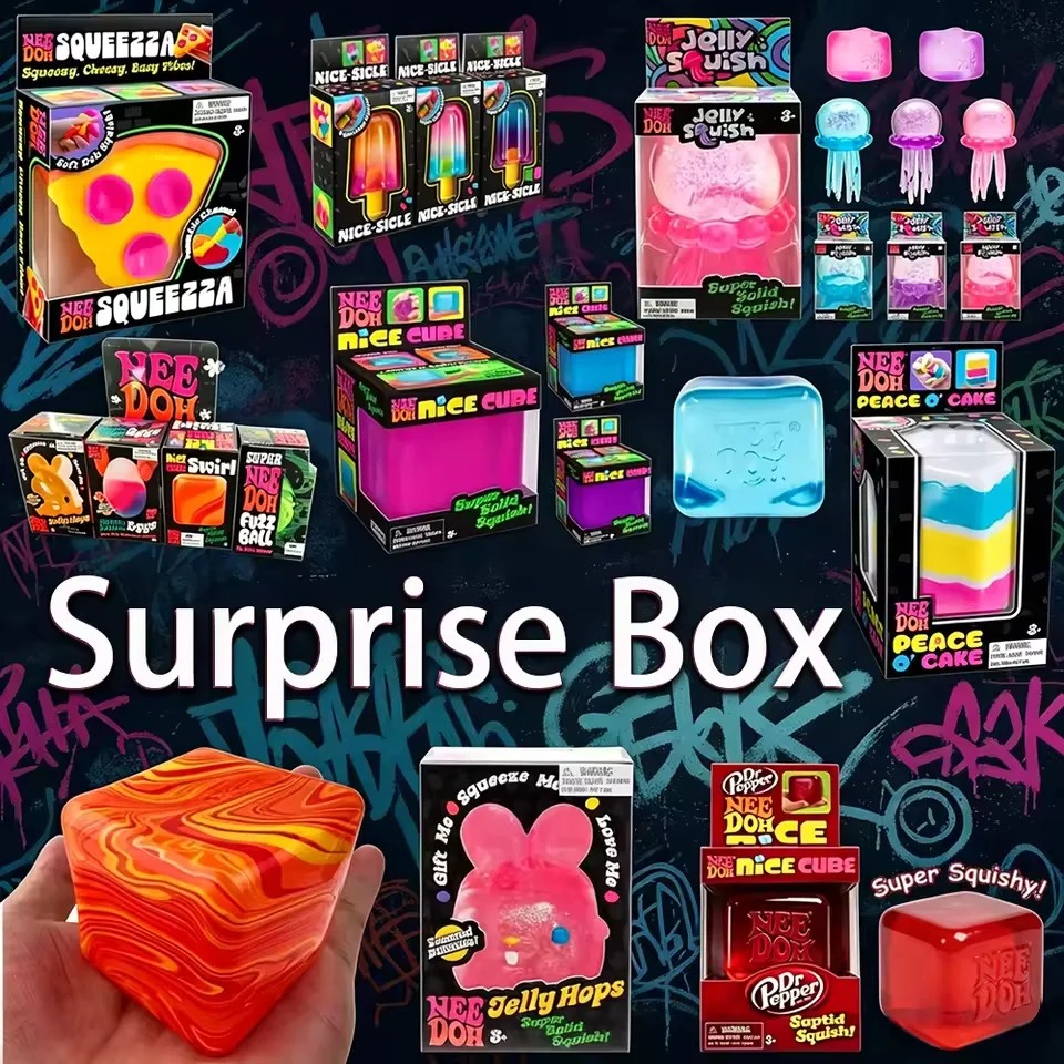 Kid Toys Ads - ニードホー・サプライズボックス・スクイーズおもちゃ - 6種類の柔らかいスクイーズおもちゃ。ストレス解消、パーティーの景品、子供向けのイースターギフトに最適。